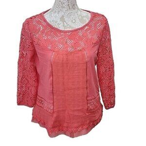 Hannah Boho womens top Coral Pink 3/4 Sleeve With Lace. small